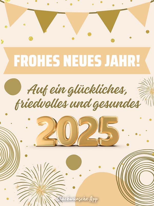 Silvester Hintergrund mit Neujahr Gruß: „Frohes Neues Jahr! Auf ein glückliches, friedvolles und gesundes 2025!"