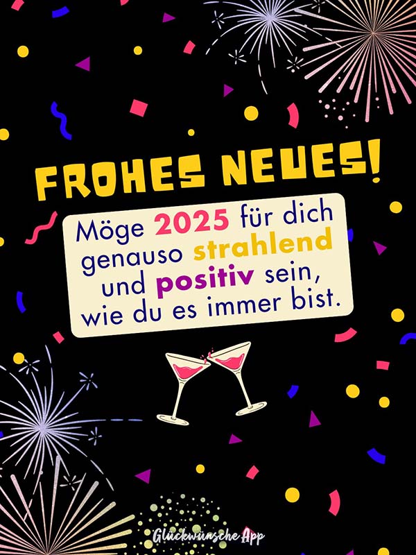 Illustriertes Feuerwerk und Konfetti mit Gruß: „Frohes Neues! Möge 20245für dich genauso strahlend und positiv sein, wie du es immer bist."