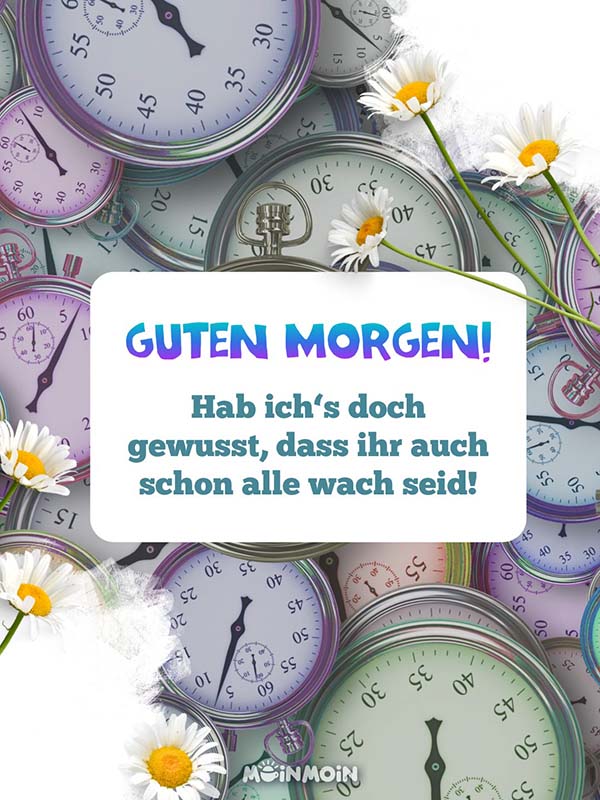 Viele Uhren im Hintergrund und Blumen mit dem Gruß davor: „Guten Morgen! Hab ich‘s doch gewusst, dass ihr auch schon alle wach seid!"