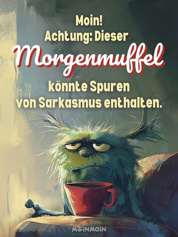 Illustriertes Monster mit Kaffeetasse und Gruß: „Moin! Achtung: Dieser Morgenmuffel könnte Spuren von Sarkasmus enthalten."