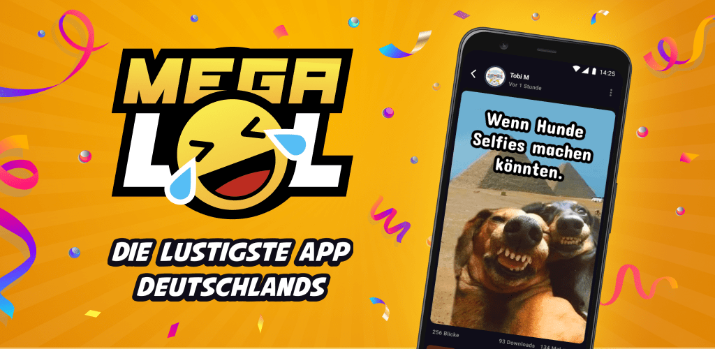 Screenshot aus der MegaLol App auf der zwei lustige Hunde zu sehen sind, die lachen.