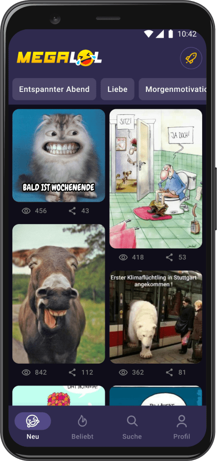 Screenshot aus der MegaLOL App, der die Neu Liste der App zeigt, in der neue, lustige Bilder zu sehen sind.