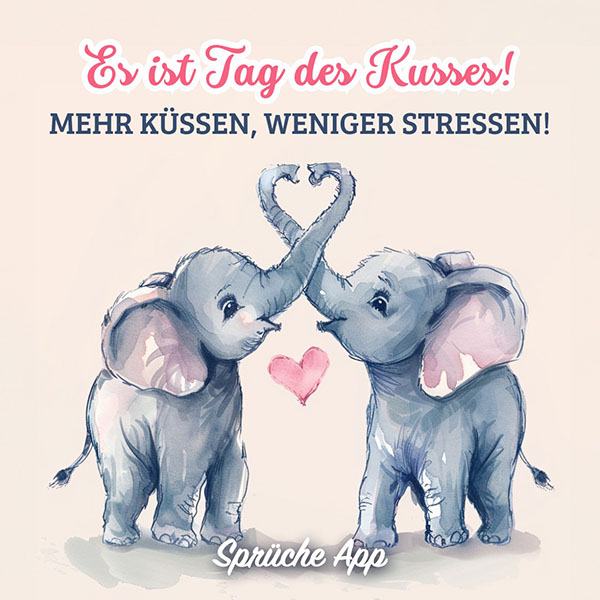 Illustrierte Elefanten, die mit ihren Rüsseln ein Herz formen und Spruch: „Es ist Tag des Kusses! Ein Küsschen geht immer!"