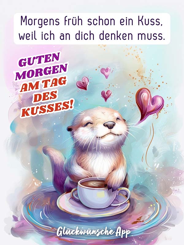 Illustrierter Otter mit Kaffeetasse und Spruch: „Morgens früh schon ein Kuss, weil ich an dich denken muss. Guten Morgen am Tag des Kusses!“