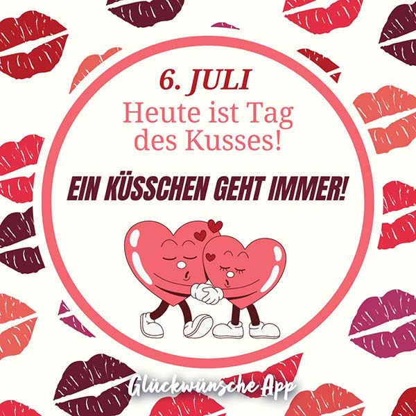 Kussmund-Abdrücke, Herzen und Text: „Es ist Tag des Kusses! Ein Küsschen geht immer!“