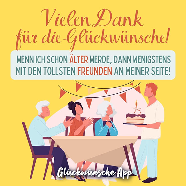 Illustrierte Freude, die an einem Tisch sitzen mit Geburtstagstorte und Text: „Vielen Dank für die Glückwünsche! Wenn ich schon älter werde, dann wenigstens mit den tollsten Freunden an meiner Seite!"