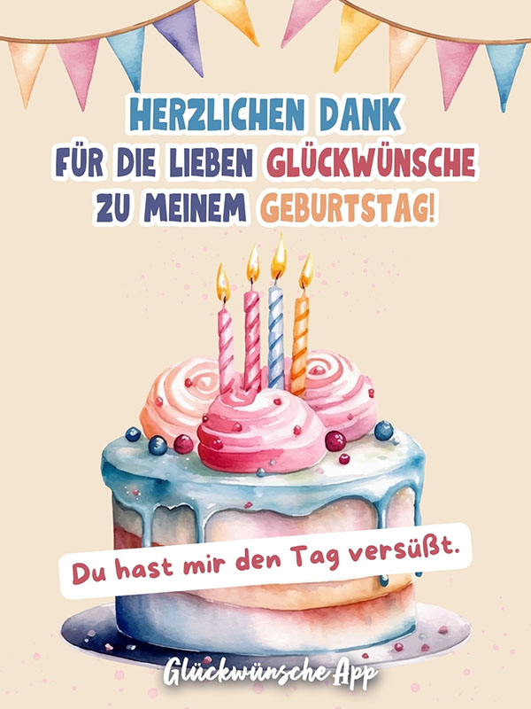 Illustrierte Geburtstagstorte mit Grüße: „Herzlichen Dank für die lieben Glückwünsche zu meinem Geburtstag! Du hast mir den Tag versüßt."