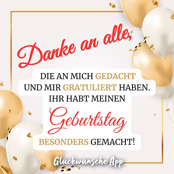 Goldene Luftballons und Konfetti mit Text: „Danke an alle, die an mich gedacht und mir gratuliert haben. Ihr habt meinen Geburtstag besonders gemacht!"