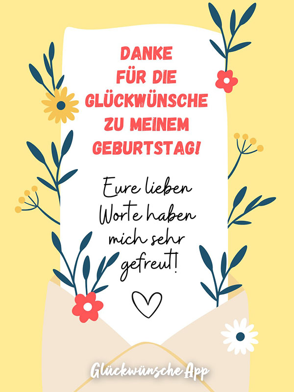 Briefumschlag, aus dem Pflanzen ragen und ein Brief mit dem Text: „Danke für die Glückwünsche zu meinem Geburtstag! Eure lieben Worte haben mich sehr gefreut!"