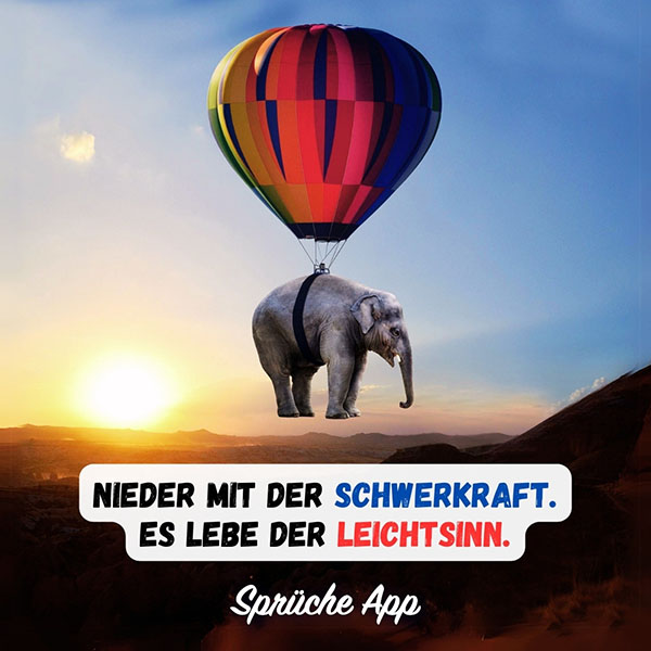 Elefant, der mit Heißluftballon in der Luft treibt und Spruch: „Nieder mit der Schwerkraft. Es lebe der Leichtsinn."