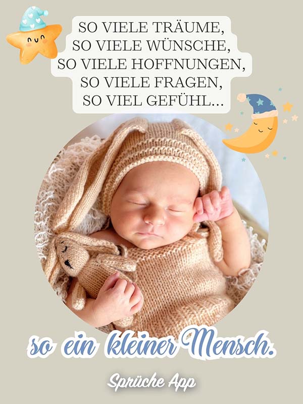 Ein schlafendes Baby im kuscheligen Strickoutfit mit passendem Stofftier und Spruch: „So viele Träume, so viele Wünsche, so viele Hoffnungen, so viele Fragen, so viel Gefühl ... so ein kleiner Mensch."