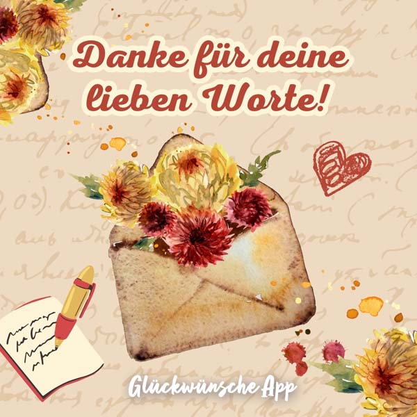 Illustrierter Umschlag, aus dem Blumen kommen mit Text: „Danke für deine lieben Worte!"