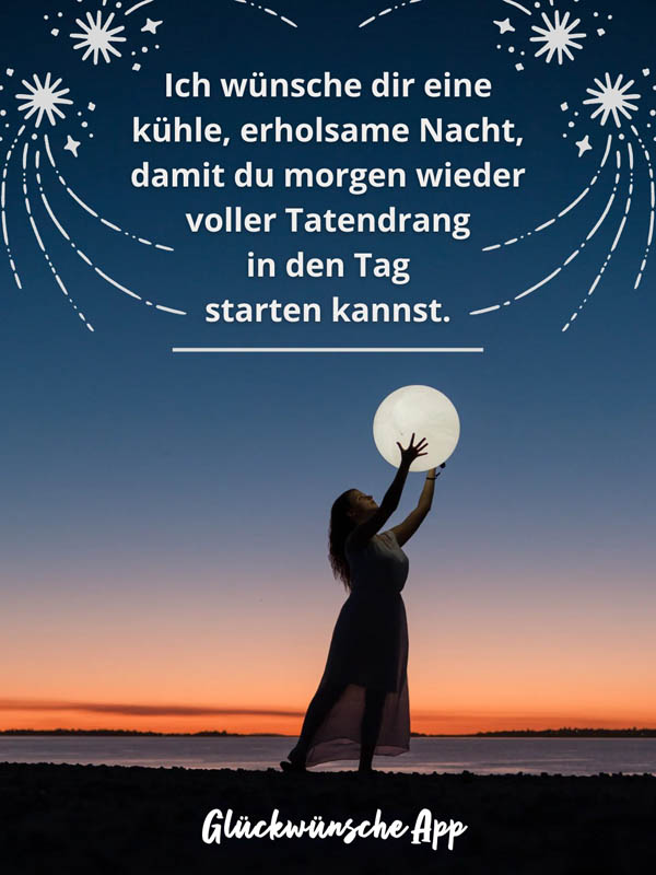 Frau im Sonnenuntergang am Strand, die sich nach dem Mond streckt mit Text: „Ich wünsche dir eine kühle, erholsame Nacht – damit du morgen wieder voller Tatendrang in den Tag starten kannst."