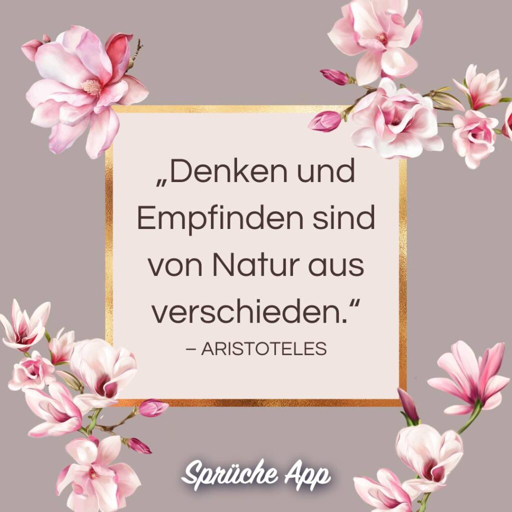 Illustrierte rosa Magnolien mit Zitat: „Denken und Empfinden sind von Natur aus verschieden.“ von Aristoteles