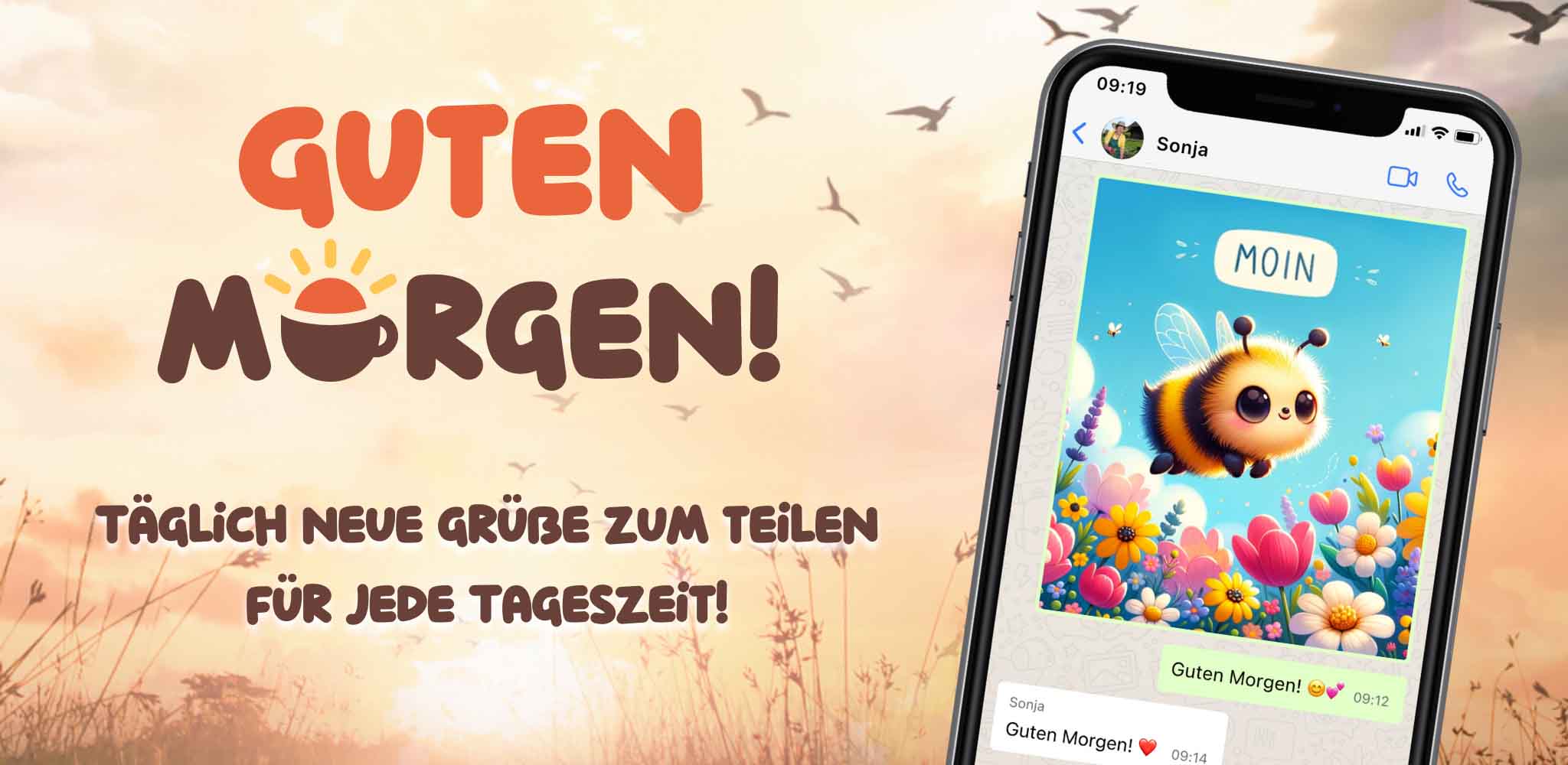 Screenshot aus der MoinMoin App mit einer bunten Illustration einer flauschigen Biene und Blumen und dem Text "Moin."