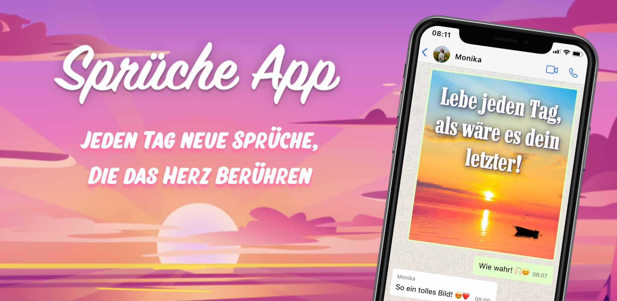 Screenshot aus der Sprüche App, auf dem ein Sonnenuntergang am Meer zu sehen ist mit dem Spruch: "Lebe jeden Tag, als wäre es dein letzter!"