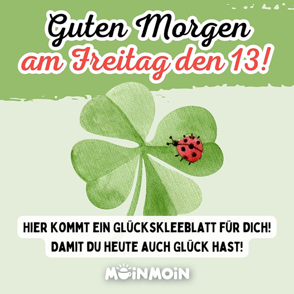 Illustriertes, vierblättriges Kleeblatt mit Marienkäfer und Gruß: „Guten Morgen am Freitag den 13! Hier kommt ein Glückskleeblatt für dich! Damit du heute auch Glück hast!"