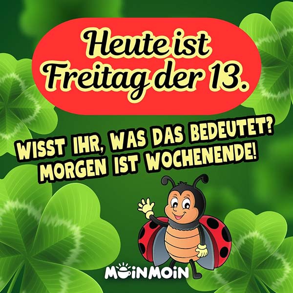 Illustrierter Marienkäfer vor Kleeblättern mit Gruß: „Heute ist Freitag der 13. Wisst ihr, was das bedeutet? Morgen ist Wochenende!"