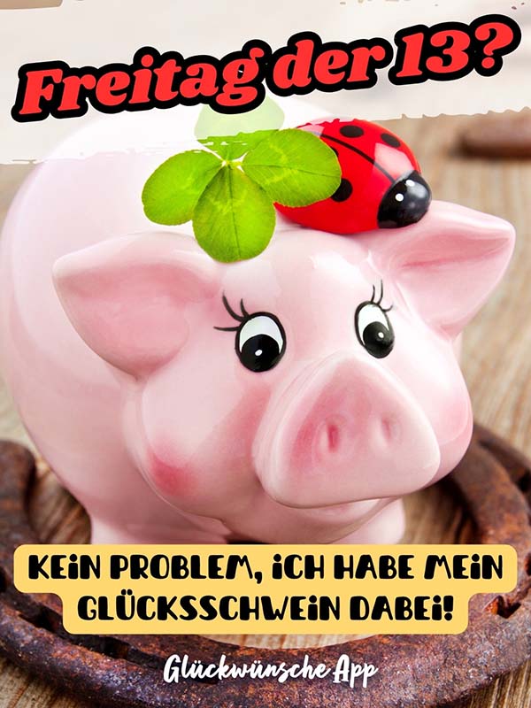 Schwein aus Porzellan mit Kleeblatt, Marienkäfer und dem Spruch: „Freitag der 13.? Kein Problem, ich habe mein Glücksschwein dabei!"