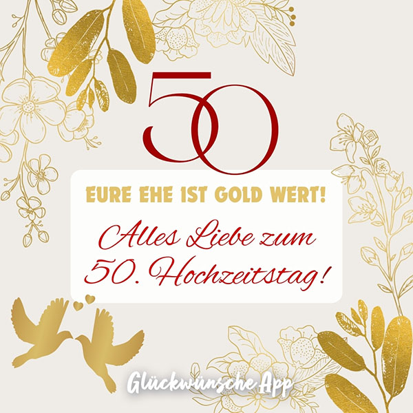 Goldene Verzierungen mit Glückwunsch: „Eure Ehe ist Gold wert! Alles Liebe zum 50. Hochzeitstag!"