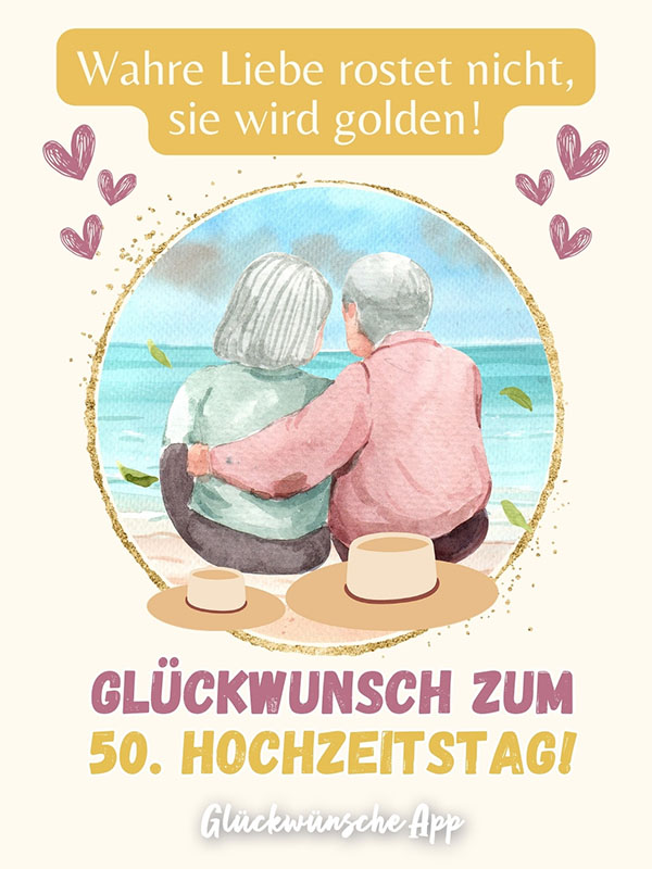 Illustriertes Ehepaar vor dem Meer mit Wunsch: „Wahre Liebe rostet nicht, sie wird golden! Glückwunsch zum 50. Hochzeitstag!"