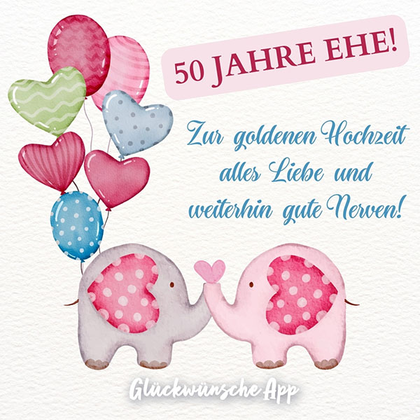 Zwei illustrierte Elefanten, die sich den Rüssel küssen und Text: „50. Jahre Ehe! Zur goldenen Hochzeit alles Liebe und weiterhin gute Nerven!“