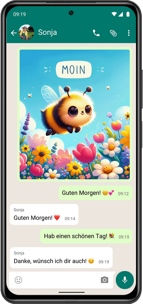 Screenshot aus der MoinMoin App der zeigt, dass man Grußbilder mit Bienen und Blumen auf WhatsApp teilen kann.
