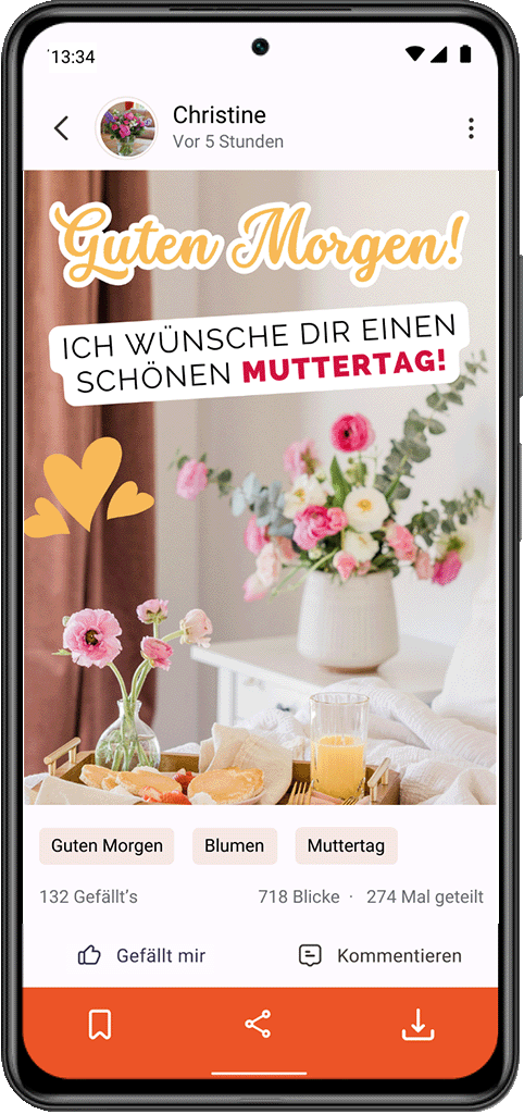 Detail-Ansicht der MoinMoin App, auf dem ein Grußbild zum Muttertag zu sehen ist mit Blumen und Frühstück und dem Text "Guten Morgen! Ich wünsche dir einen schönen Muttertag!"