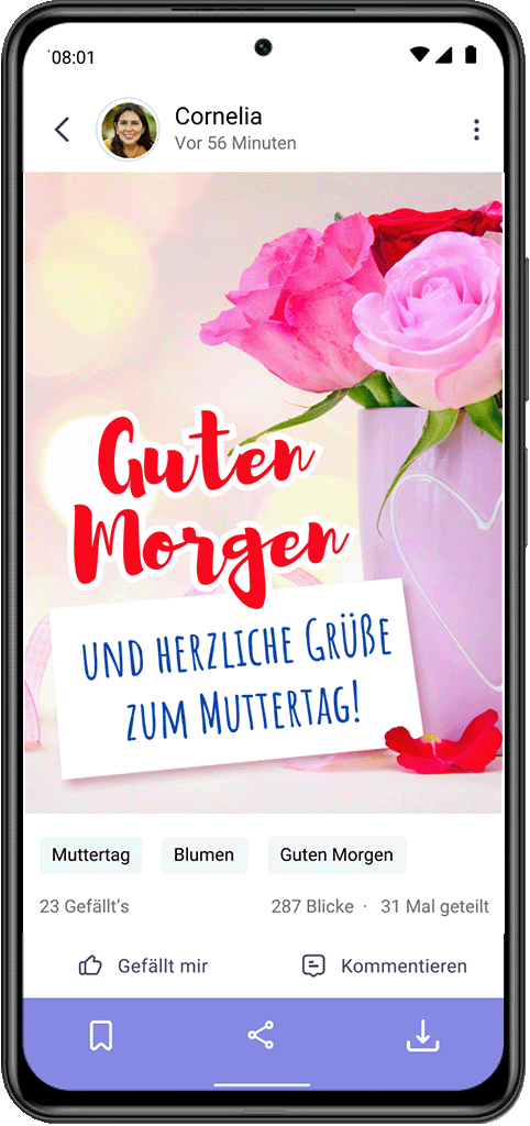 Detail-Ansicht aus der Sprüche App auf dem ein Spruchbild mit rosa und roten Rosen in einer Tasse zu sehen ist und dem Text: "Guten Morgen und herzliche Grüße zum Muttertag!"