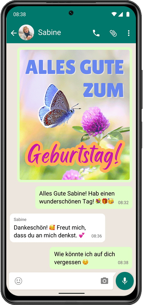 Screenshot zeigt wie ein Grußbild mit einem Schmetterling und dem Text "Alles Gute zum Geburtstag" direkt auf Whatsapp versendet werden kann 