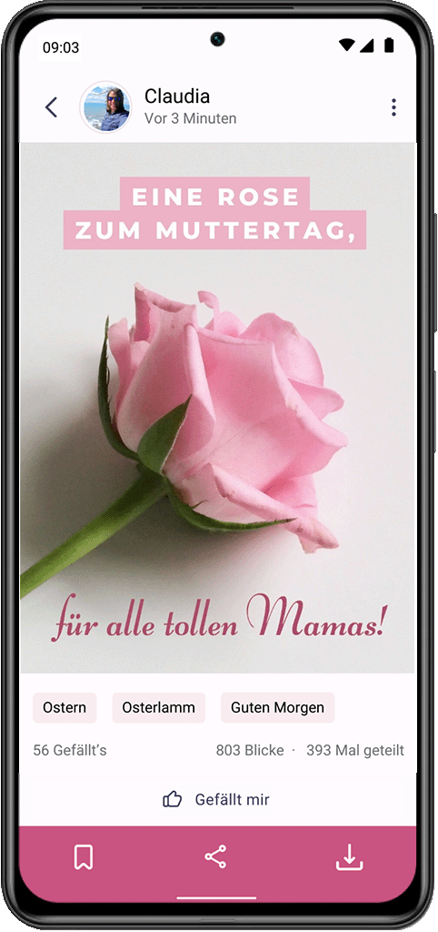 Detail-Ansicht aus der Glückwünsche App auf dem ein Spruchbild mit einer Rose zum Muttertag zu sehen ist, mit dem Text: "Eine Rose zum Muttertag, für alle tollen Mamas!"