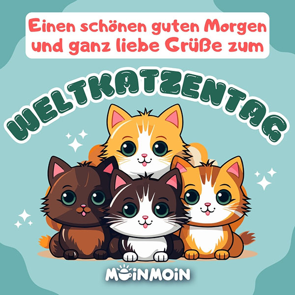 Vier illustrierte Katzen mit großen Augen und über ihnen der Text: „Einen schönen guten Morgen und ganz liebe Grüße zum Weltkatzentag!"