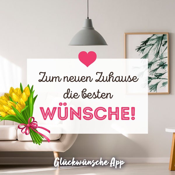 Wohnzimmer mit illustrierten Blumen und Glückwünsche zum Einzug: „Zum neuen Zuhause die besten Wünsche!"