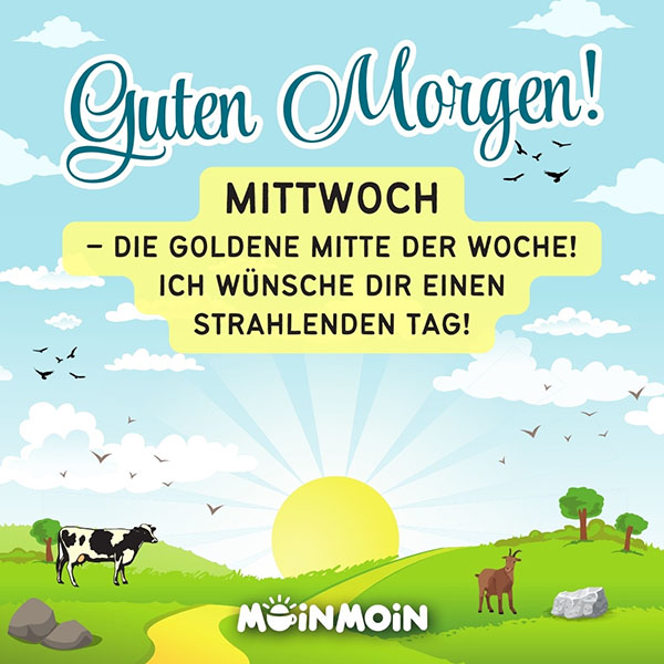 Illustrierte Landschaft mit Sonnenaufgang und Grüßen: „Guten Morgen! Mittwoch – die goldene Mitte der Woche! Ich wünsche dir einen strahlenden Tag!“