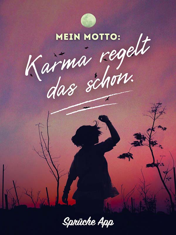 Frau auf einer Wiese im Sonnenuntergang mit Spruch: „Mein Motto: Karma regelt das schon."