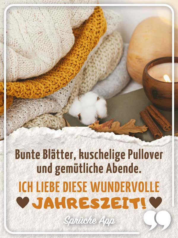 Pullover, Herbstdekoration und Kerze im Hintergrund davor der schöne Spruch: „Bunte Blätter, kuschelige Pullover und gemütliche Abende. Ich liebe diese wundervolle Jahreszeit!"