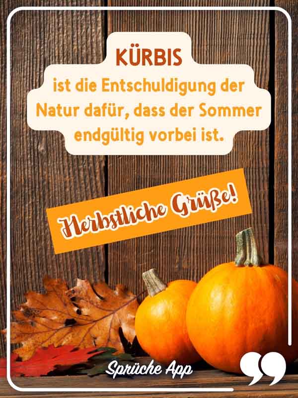 Zwei Kürbisse umgeben von zwei Herbstblättern mit Gruß: „Kürbis ist die Entschuldigung der Natur dafür, dass der Sommer endgültig vorbei ist. Herbstliche Grüße!"