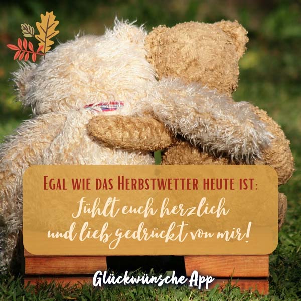 Zwei Teddybären, die sich umarmen mit WhatsApp Gruß: „Egal wie das Herbstwetter heute ist: Fühlt euch herzlich und lieb gedrückt von mir!"