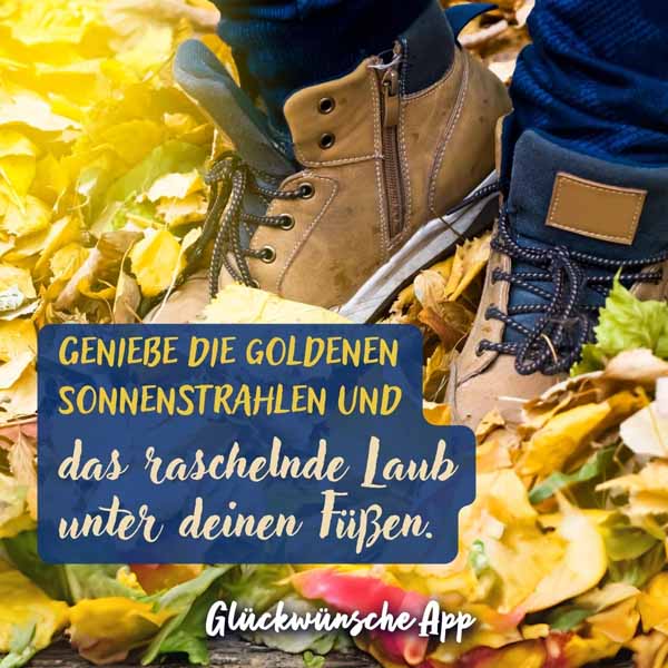 Schuhe auf einer Wiese voller Herbstblätter mit Text: „Es heißt es bringe Glück, im Herbst ein Blatt aus der Luft zu fangen. 3 Blätter hab ich schon erwischt und bei jedem hab ich an dich gedacht!"