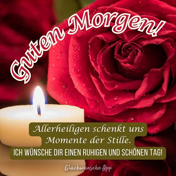 Brennende Kerze und dahinter rote Rosen mit Spruch: „Guten Morgen! Allerheiligen schenkt uns Momente der Stille. Ich wünsche dir einen ruhigen und schönen Tag!“