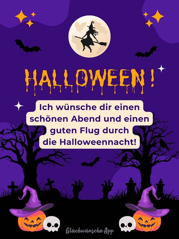 Dunkler illustrierter Wald mit Kürbissen und Halloween-Dekoration mit Gruß: „Halloween! Ich wünsche dir einen schönen Abend und guten Flug durch die Halloweennacht!"