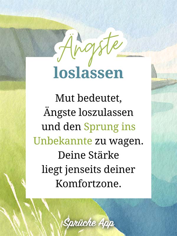 Fels am Meer aus Wasserfarben mit Spruch im Vordergrund: „Mut bedeutet, Ängste loszulassen und den Sprung ins Unbekannte zu wagen. Deine Stärke liegt jenseits deiner Komfortzone."