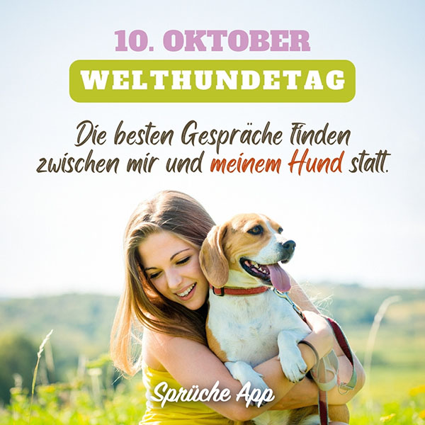 Frau in der Natur, die ihren Hund in den Armen trägt mit Spruch darüber: „10. Oktober Welthundetag Die besten Gespräche finden zwischen mir und meinem Hund statt."