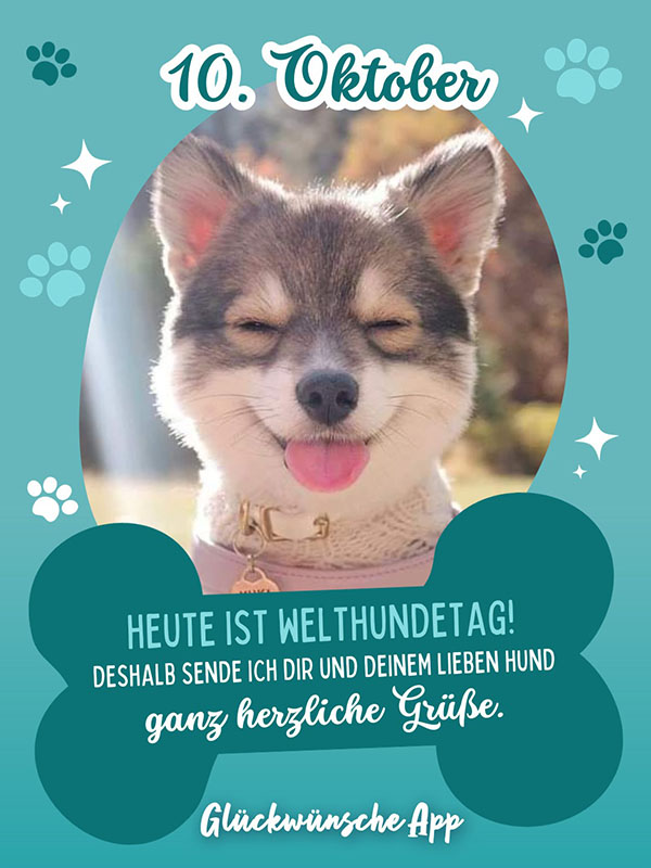 Portrait eines Husky Welpen und darunter der Welthundetag Gruß: „10. Oktober Heute ist Welthundetag! Deshalb sende ich dir und deinem lieben Hund ganz herzliche Grüße."