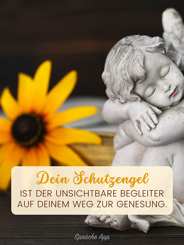 Engelsfigur aus Stein mit Blume im Hintergrund und Text davor: „Dein Schutzengel ist der unsichtbare Begleiter auf deinem Weg zur Genesung.“