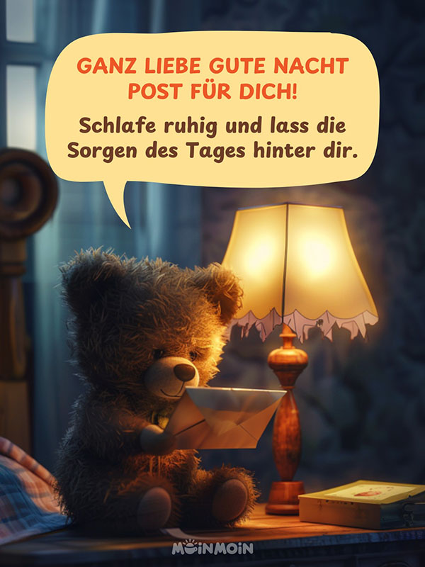 Teddybär, der einen Brief in der Hand hält mit Grüßen in einer Sprechblase: „Ganz liebe gute Nacht Post für dich! Schlafe ruhig und lass die Sorgen des Tages hinter dir.“