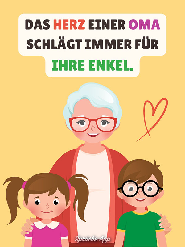 Illustrierte Oma mit zwei Enkelkindern im Arm und Spruch darüber: „Das Herz einer Oma schlägt immer für ihre Enkel.“