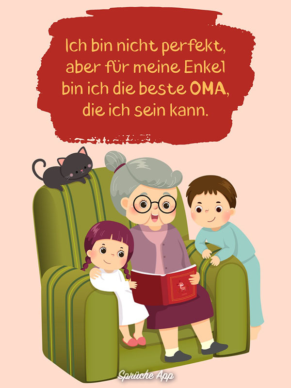 Illustrierte Großmutter, die in einem Schaukelstuhl sitzt und ihren Kindern vorliest mit Spruch darüber: „Ich bin nicht perfekt, aber für meine Enkel bin ich die beste Oma, die ich sein kann.“