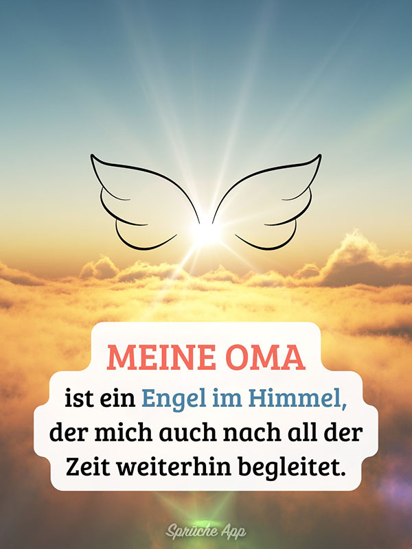 Sonnenuntergang über Wolken und illustrierte Engelflügel mit Text darunter: „Meine Oma ist ein Engel im Himmel, der mich auch nach all der Zeit weiterhin begleitet.“