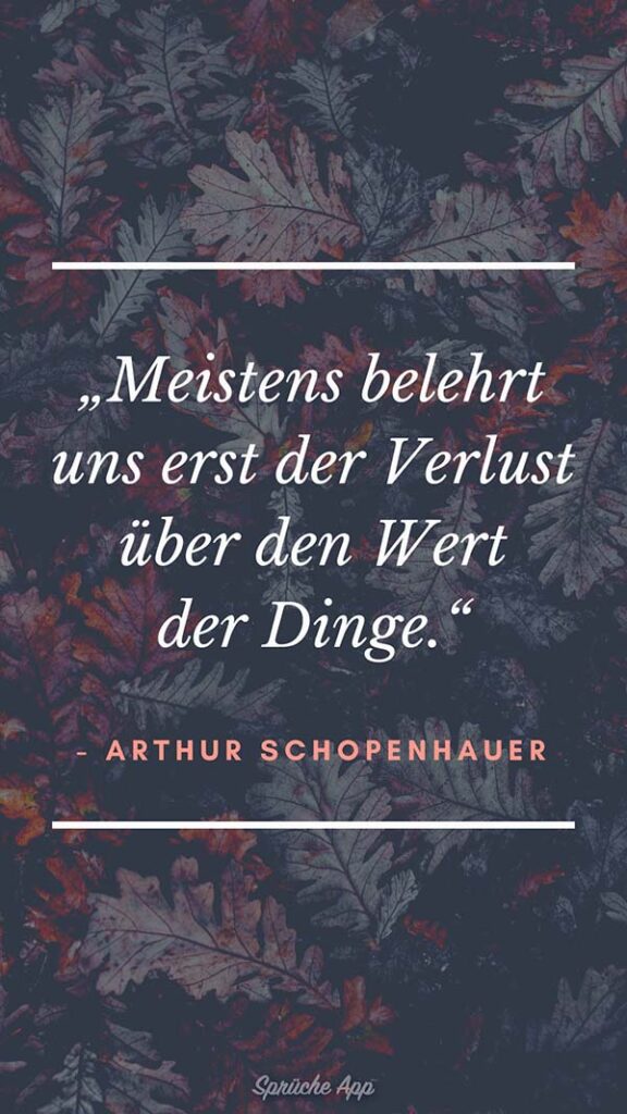 Bunte Herbstblätter mit Zitat: „Meistens belehrt uns erst der Verlust über den Wert der Dinge.“ von Arthur Schopenhauer